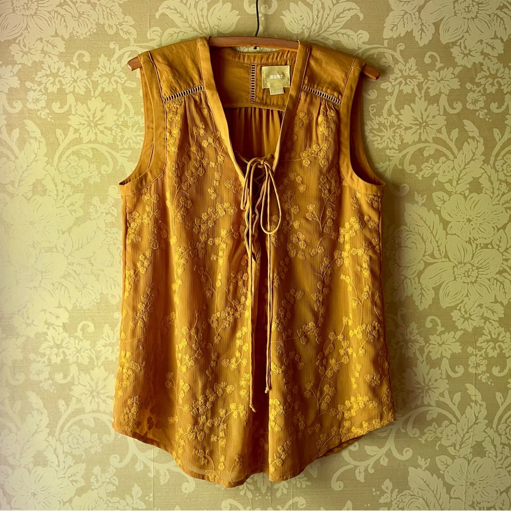Maeve Mustard Yellow Sleeveless Tie Front Tank Top with Embroidered Details